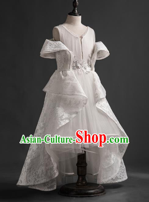 Top Children Cosplay Princess White Lace Full Dress Compere Catwalks Stage Show Dance Costume for Kids