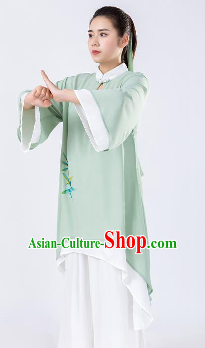 Traditional Chinese Hand Painting Bamboo Green Tai Chi Suit Martial Arts Stage Performance Costumes for Women