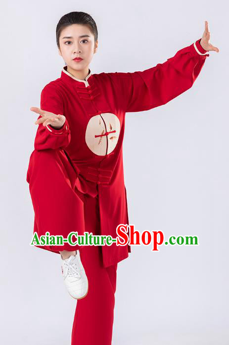 Traditional Chinese Hand Painting Red Tai Chi Suit Martial Arts Stage Performance Costumes for Women