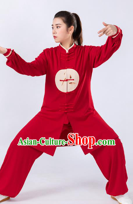 Traditional Chinese Hand Painting Red Tai Chi Suit Martial Arts Stage Performance Costumes for Women