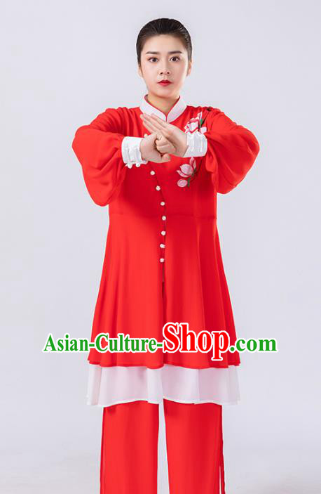 Traditional Chinese Tai Chi Hand Painting Mangnolia Red Suits Martial Arts Stage Performance Costumes for Women