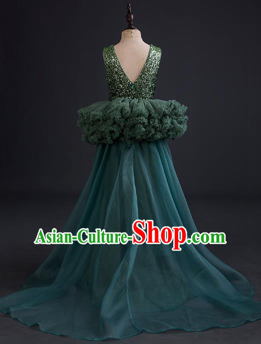 Top Children Cosplay Princess Deep Green Full Dress Compere Catwalks Stage Show Dance Costume for Kids