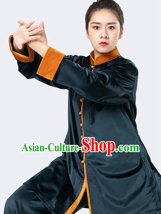 Traditional Chinese Tai Chi Atrovirens Velvet Outfits Martial Arts Stage Performance Costumes for Women