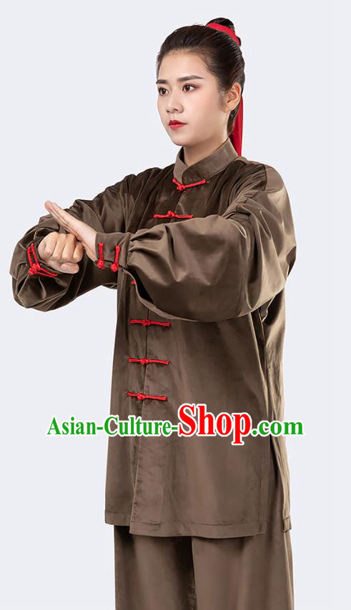 Traditional Chinese Tai Chi Competition Deep Brown Velvet Outfits Martial Arts Stage Performance Costumes for Women