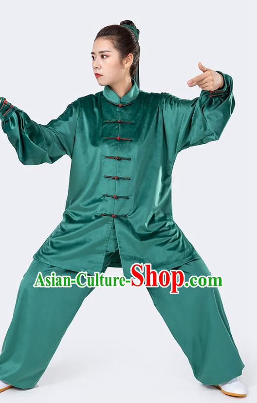 Traditional Chinese Tai Chi Competition Green Velvet Outfits Martial Arts Stage Performance Costumes for Women