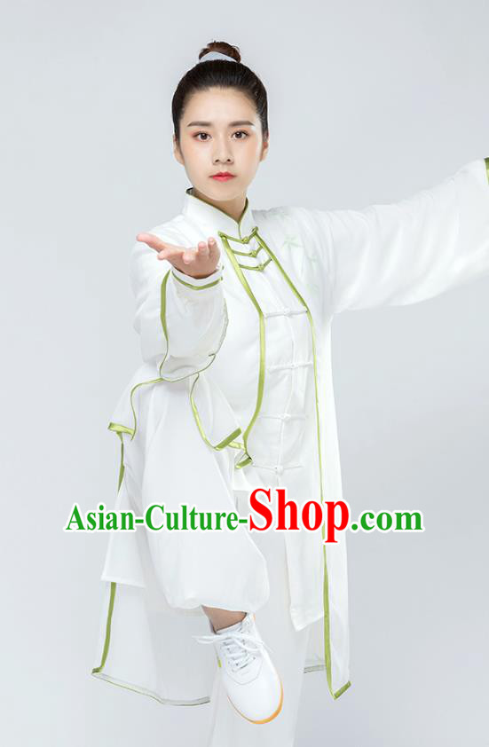 Traditional Chinese Tai Chi Competition Hand Painting Bamboo White Outfits Martial Arts Stage Performance Costumes for Women