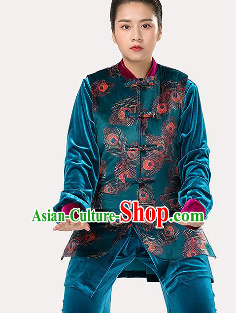 Traditional Chinese Tang Suit Peacock Blue Vest Martial Arts Waistcoat Costume for Women