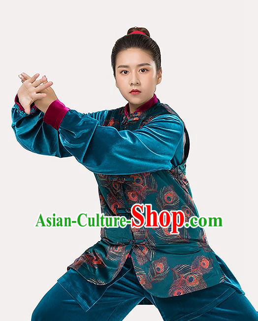 Traditional Chinese Tang Suit Peacock Blue Vest Martial Arts Waistcoat Costume for Women