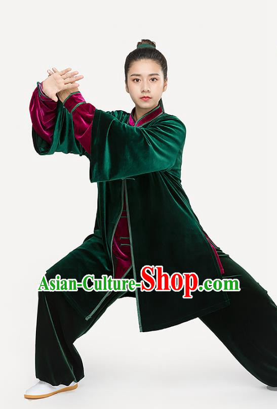 Traditional Chinese Tai Chi Competition Green Pleuche Outfits Martial Arts Stage Performance Costumes for Women