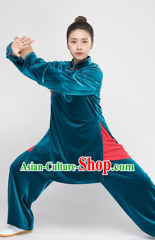 Top Tai Chi Kung Fu Blue Pleuche Outfits Chinese Traditional Martial Arts Stage Performance Costumes for Women