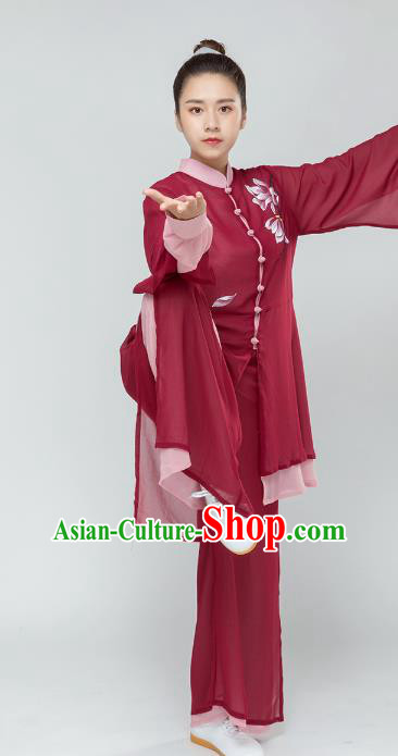 Top Tai Chi Kung Fu Hand Painting Mangnolia Wine Red Outfits Chinese Traditional Martial Arts Stage Performance Costumes for Women