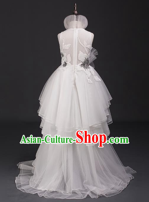 Top Children Cosplay Princess White Trailing Full Dress Compere Catwalks Stage Show Dance Costume for Kids