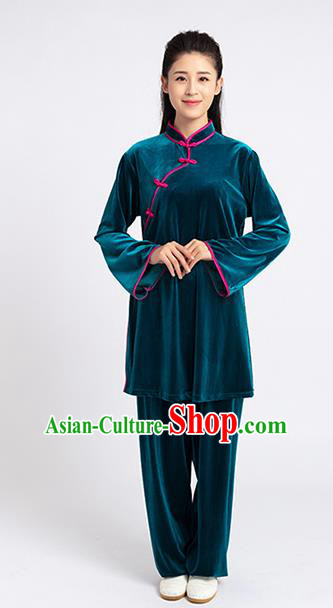 Top Tai Chi Kung Fu Competition Peacock Blue Pleuche Outfits Chinese Traditional Martial Arts Costumes for Women