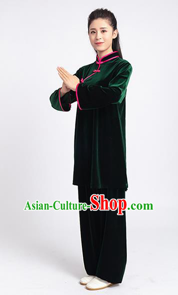 Top Tai Chi Kung Fu Competition Deep Green Pleuche Outfits Chinese Traditional Martial Arts Costumes for Women