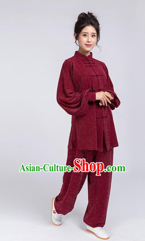 Top Chinese Tai Chi Training Wine Red Outfits Traditional Kung Fu Martial Arts Competition Costumes for Women