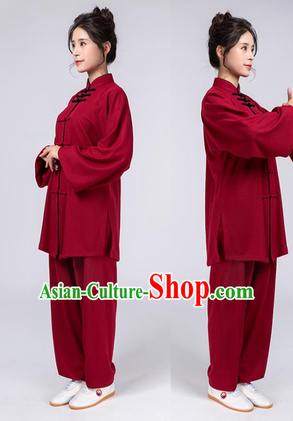 Top Chinese Tai Chi Chuan Training Wine Red Outfits Traditional Kung Fu Martial Arts Competition Costumes for Women