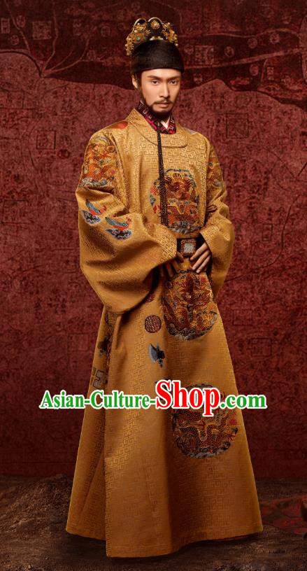 Chinese Ancient Drama Ming Dynasty Yingzong Emperor Imperial Robe Zhu Qizhen Lay Zhang Replica Costumes and Headpiece Complete Set