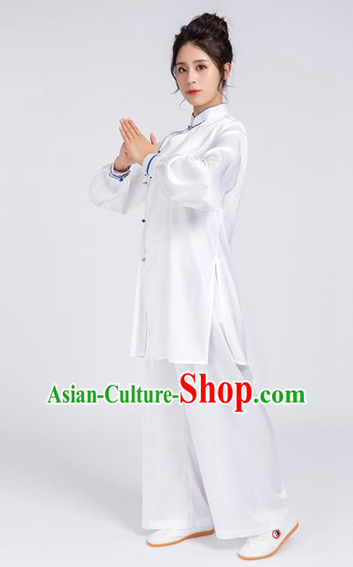 Top Chinese Martial Arts Blue Edge Outfits Traditional Tai Chi Kung Fu Training Costumes for Women