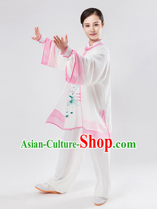 Top Chinese Martial Arts Printing Pink Outfits Traditional Tai Chi Kung Fu Training Costumes for Women
