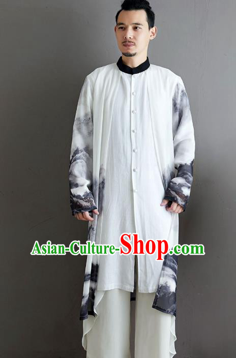 Top Chinese Ink Painting Chiffon Tang Suit Outfits Traditional Tai Chi Kung Fu Costumes for Men