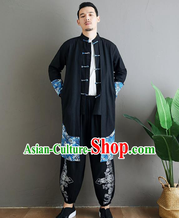Top Chinese Tang Suit Black Flax Coat Traditional Tai Chi Kung Fu Costume for Men