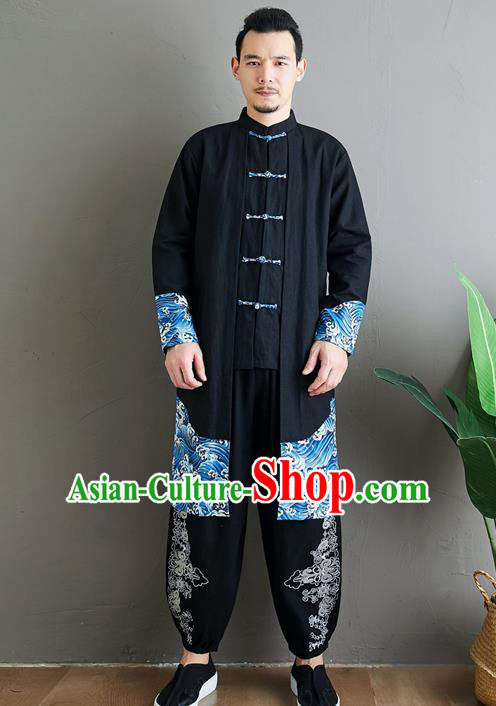 Top Chinese Tang Suit Black Flax Coat Traditional Tai Chi Kung Fu Costume for Men