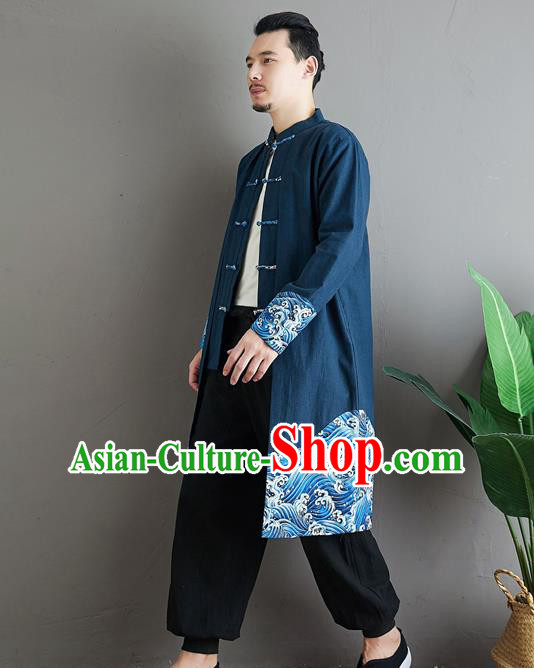 Top Chinese Tang Suit Navy Flax Coat Traditional Tai Chi Kung Fu Costume for Men