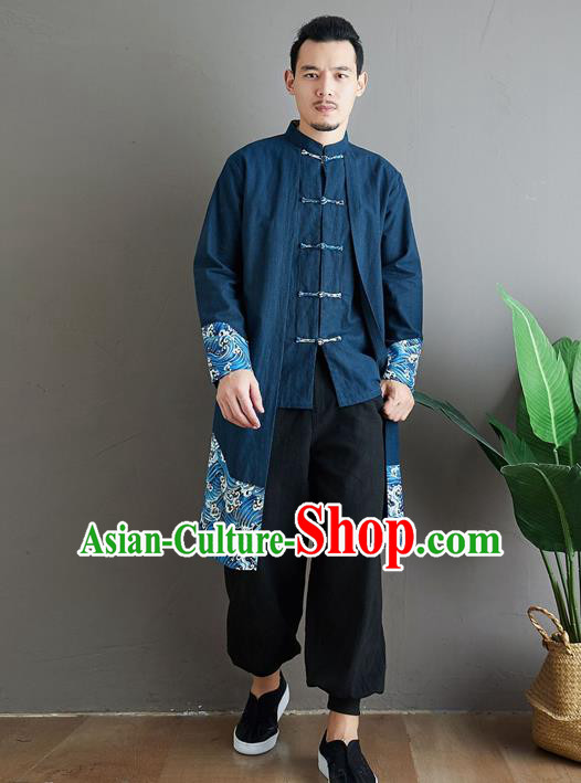 Top Chinese Tang Suit Navy Flax Coat Traditional Tai Chi Kung Fu Costume for Men