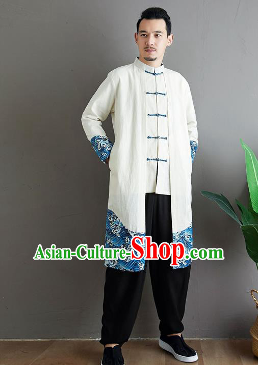 Top Chinese Tang Suit White Flax Coat Traditional Tai Chi Kung Fu Costume for Men