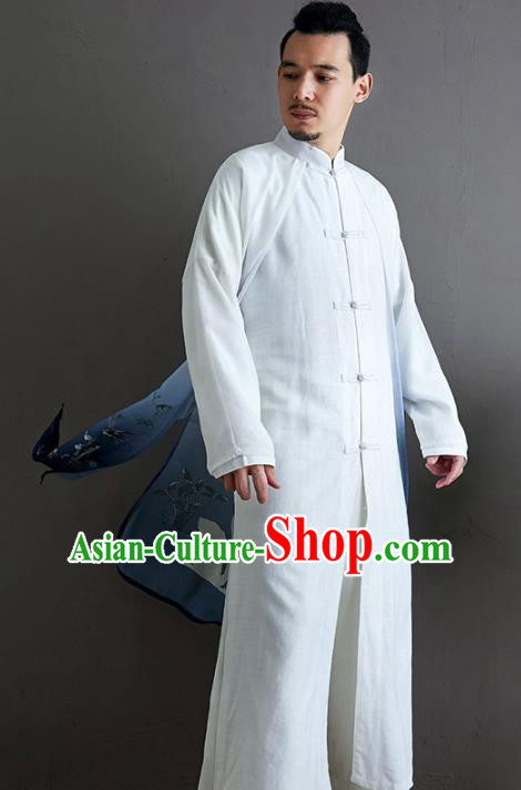 Top Chinese Tang Suit Printing Swan White Flax Coat Traditional Tai Chi Kung Fu Overcoat Costume for Men