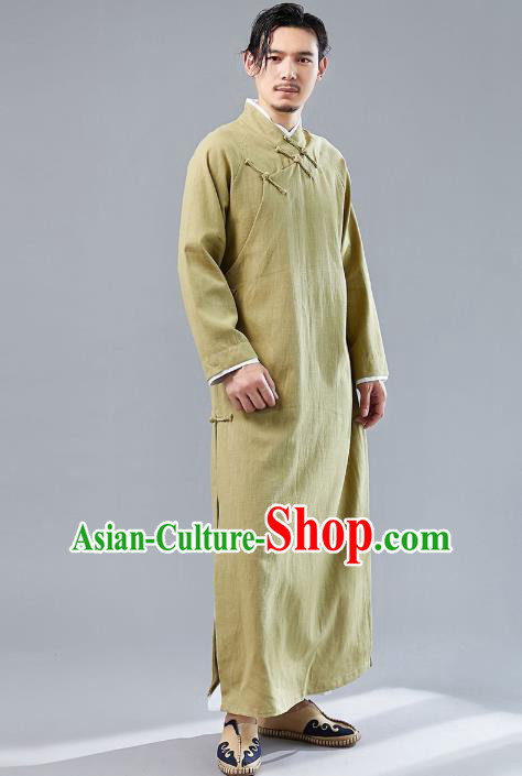 Top Chinese Tang Suit Ginger Flax Robe Traditional Republic of China Kung Fu Costumes for Men
