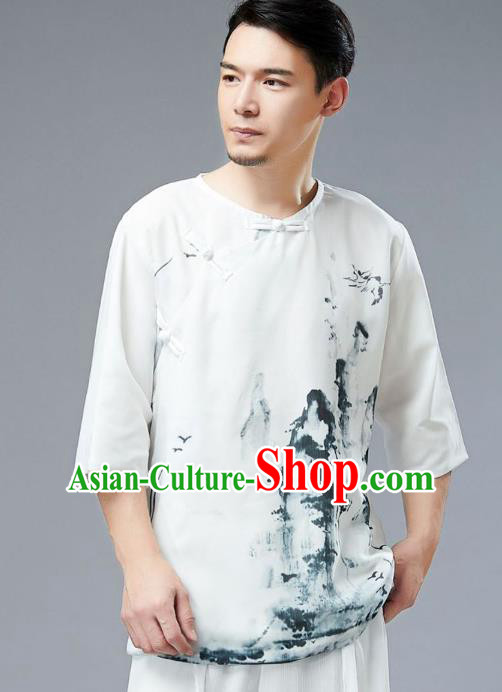 Chinese Tang Suit Ink Painting Chiffon Shirt Traditional Tai Chi Kung Fu Upper Outer Garment Costume for Men