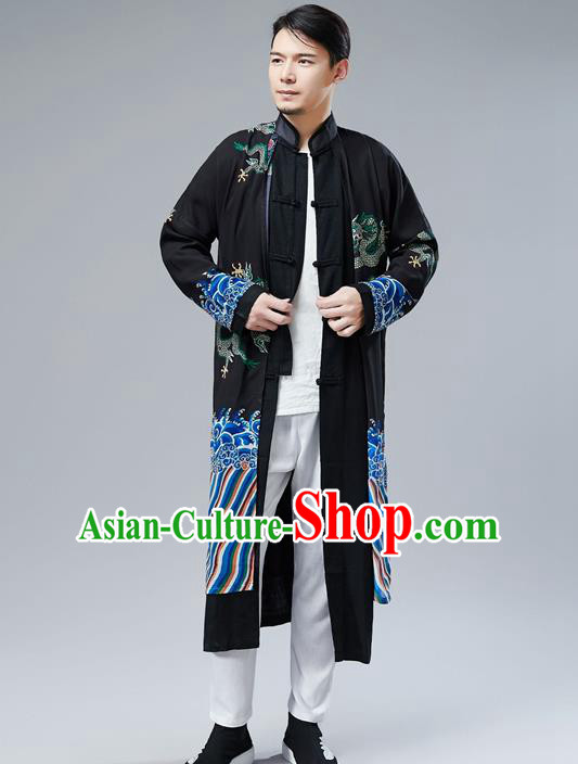 Top Chinese Tang Suit Printing Dragon Black Gown Traditional Republic of China Kung Fu Overcoat Costumes for Men