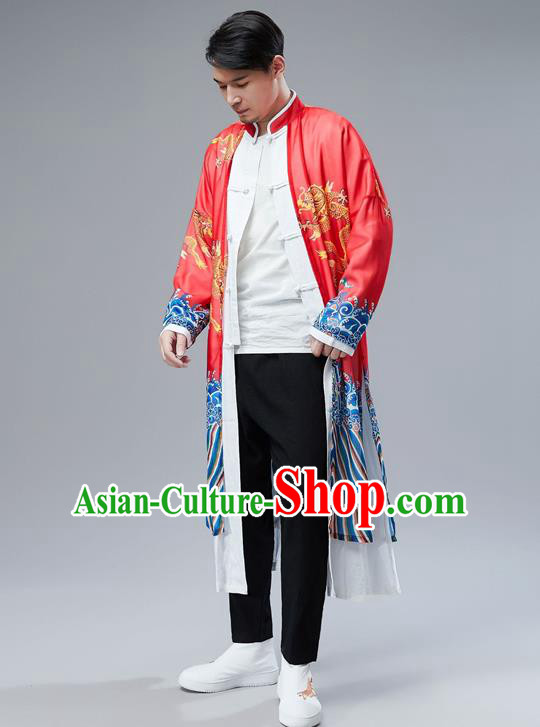Top Chinese Tang Suit Printing Dragon Red Gown Traditional Republic of China Kung Fu Overcoat Costumes for Men