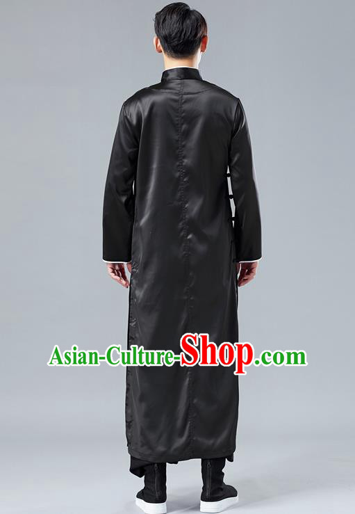 Top Chinese Tang Suit Black Silk Robe Traditional Republic of China Kung Fu Gown Costumes for Men