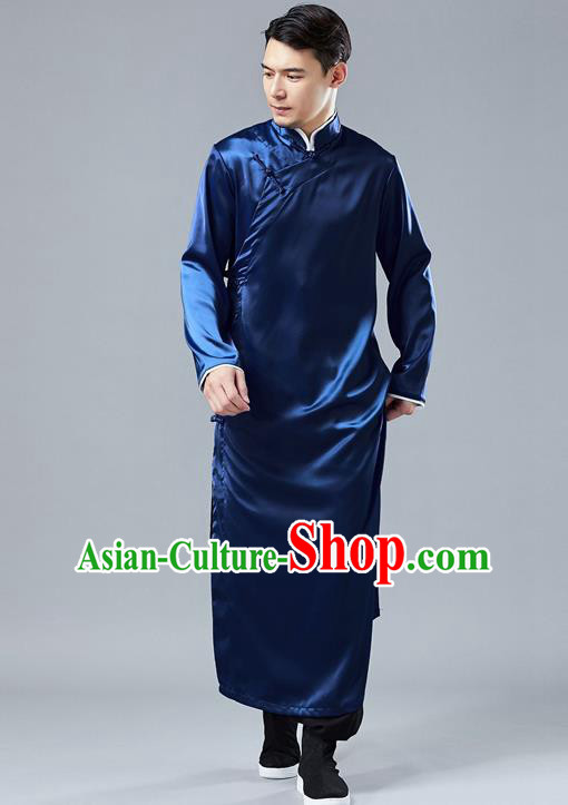 Top Chinese Tang Suit Deep Blue Silk Robe Traditional Republic of China Kung Fu Gown Costumes for Men