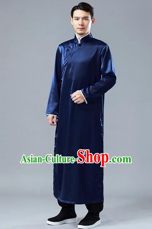 Top Chinese Tang Suit Deep Blue Silk Robe Traditional Republic of China Kung Fu Gown Costumes for Men
