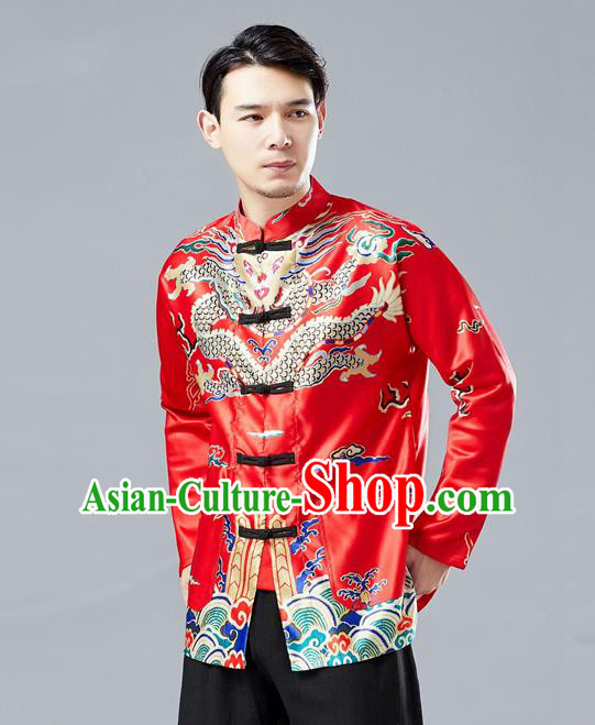 Top Chinese Tang Suit Printing Red Coat Traditional Tai Chi Kung Fu Overcoat Costume for Men