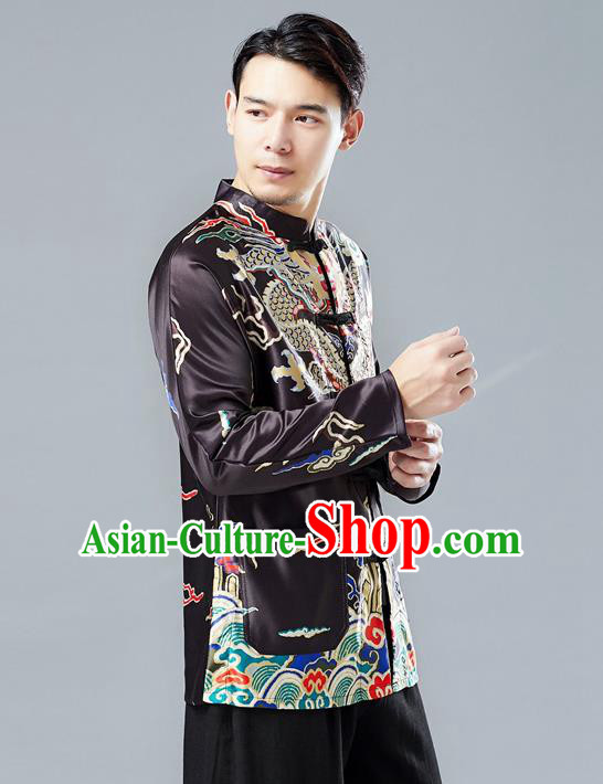 Top Chinese Tang Suit Printing Black Coat Traditional Tai Chi Kung Fu Overcoat Costume for Men