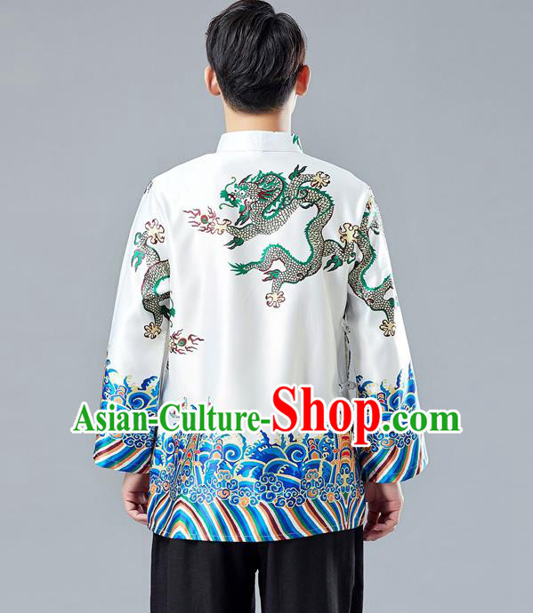 Top Chinese Tang Suit Printing Dragon White Jacket Traditional Tai Chi Kung Fu Overcoat Costume for Men