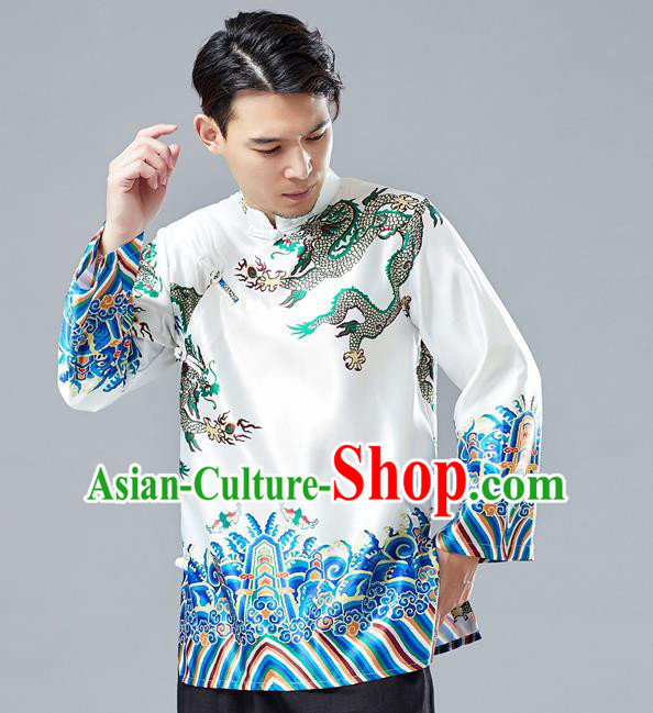 Top Chinese Tang Suit Printing Dragon White Jacket Traditional Tai Chi Kung Fu Overcoat Costume for Men