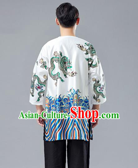 Top Chinese Tang Suit Printing Dragon White Satin Cardigan Traditional Tai Chi Kung Fu Jacket Costume for Men