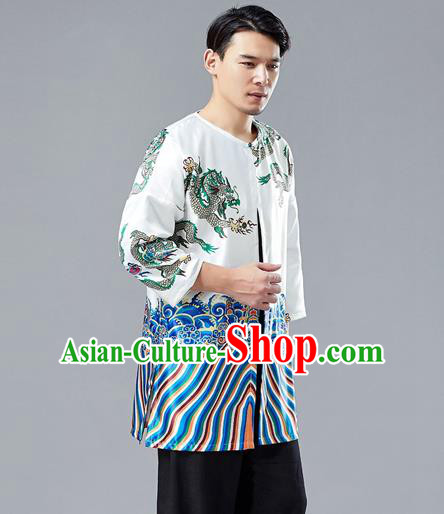 Top Chinese Tang Suit Printing Dragon White Satin Cardigan Traditional Tai Chi Kung Fu Jacket Costume for Men