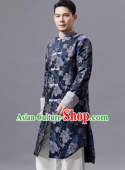 Top Chinese Tang Suit Printing Navy Coat Traditional Tai Chi Kung Fu Overcoat Costume for Men