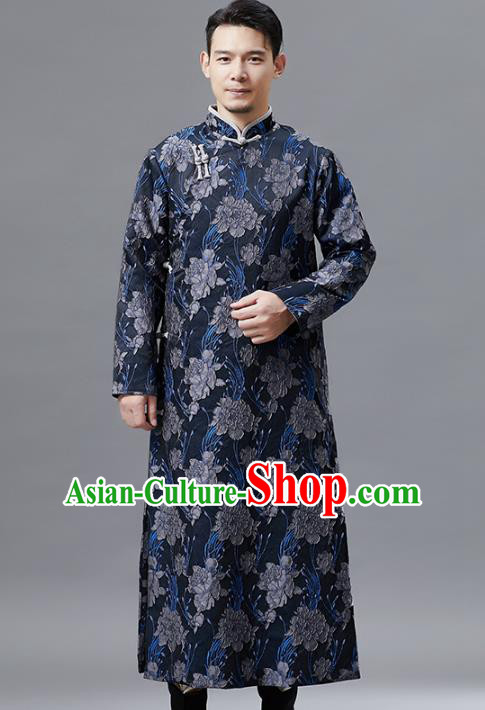 Top Chinese Tang Suit Printing Navy Robe Traditional Republic of China Kung Fu Gown Costumes for Men