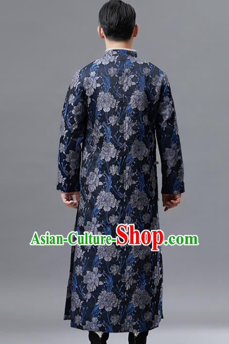 Top Chinese Tang Suit Printing Navy Robe Traditional Republic of China Kung Fu Gown Costumes for Men