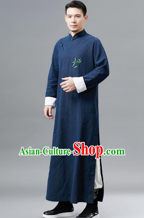 Top Chinese Tang Suit Embroidered Bamboo Navy Flax Robe Traditional Republic of China Kung Fu Gown Costumes for Men