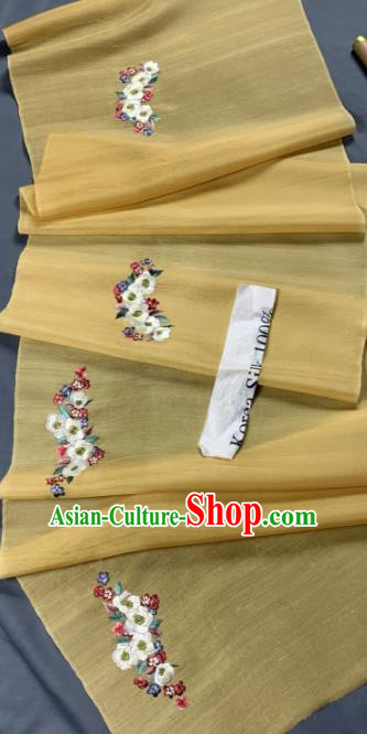 Chinese Classical Embroidered Peach Blossom Pattern Design Yellow Silk Fabric Asian Traditional Hanfu Brocade Material