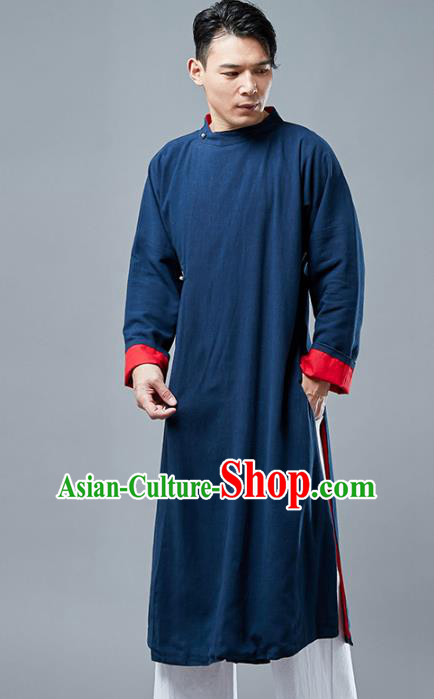 Top Chinese Tang Suit Navy Long Coat Traditional Tai Chi Kung Fu Overcoat Costume for Men