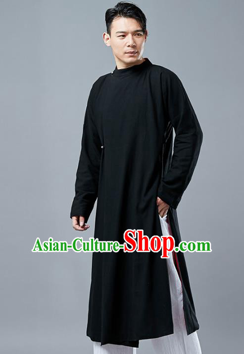 Top Chinese Tang Suit Black Long Coat Traditional Tai Chi Kung Fu Overcoat Costume for Men
